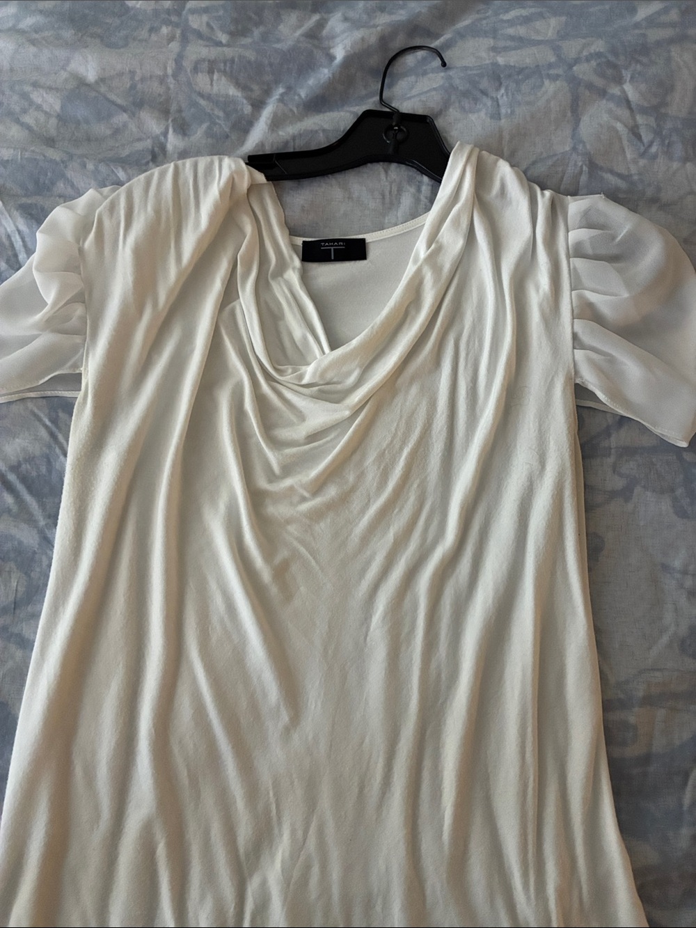 Tahari Cream Draped Cowl Top with Sheer Puff Sleeves